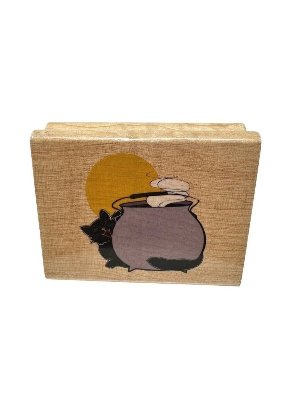 Halloween Black Cat Cauldron Wooden Rubber Stamp Spooky Witchy Card Making